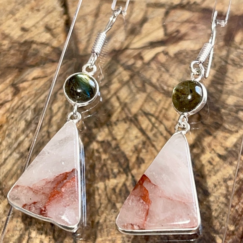 Labradorite & Phantom Fire Quartz Earrings 2” - Picture 4 of 13